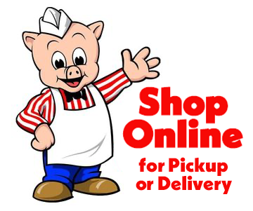 smiling pig mascot with arm extended in a friendly manner, text reads Shop Online for Pickup or Delivery